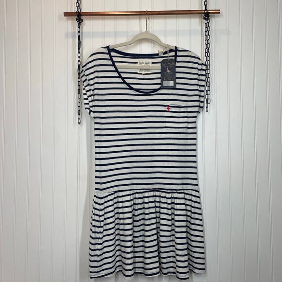 NWT Jack Wills Blue & White Stripe Short Sleeve Mini Peplum Dress Size 4 - Picture 1 of 6